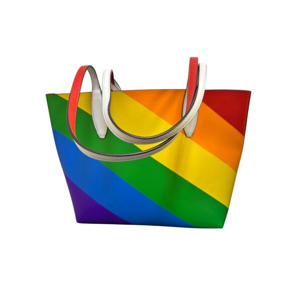 Kate Spade New York Rainbow Striped Leather Tote Bag With Red & White Handles - Picture 2 of 10